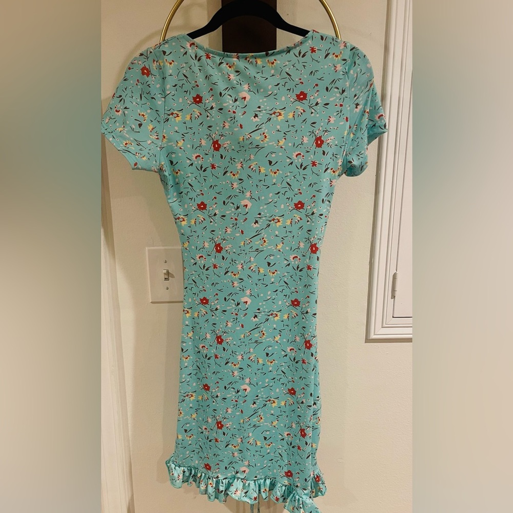 Mint Green Floral Short-Sleeve Ruffle Hem Mini Dress